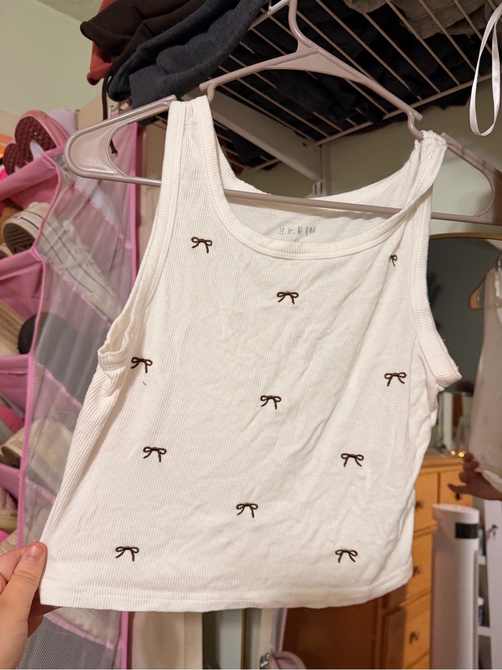 & Other Stories White Ribbed Crop Tank with Brown Bow Embroidery